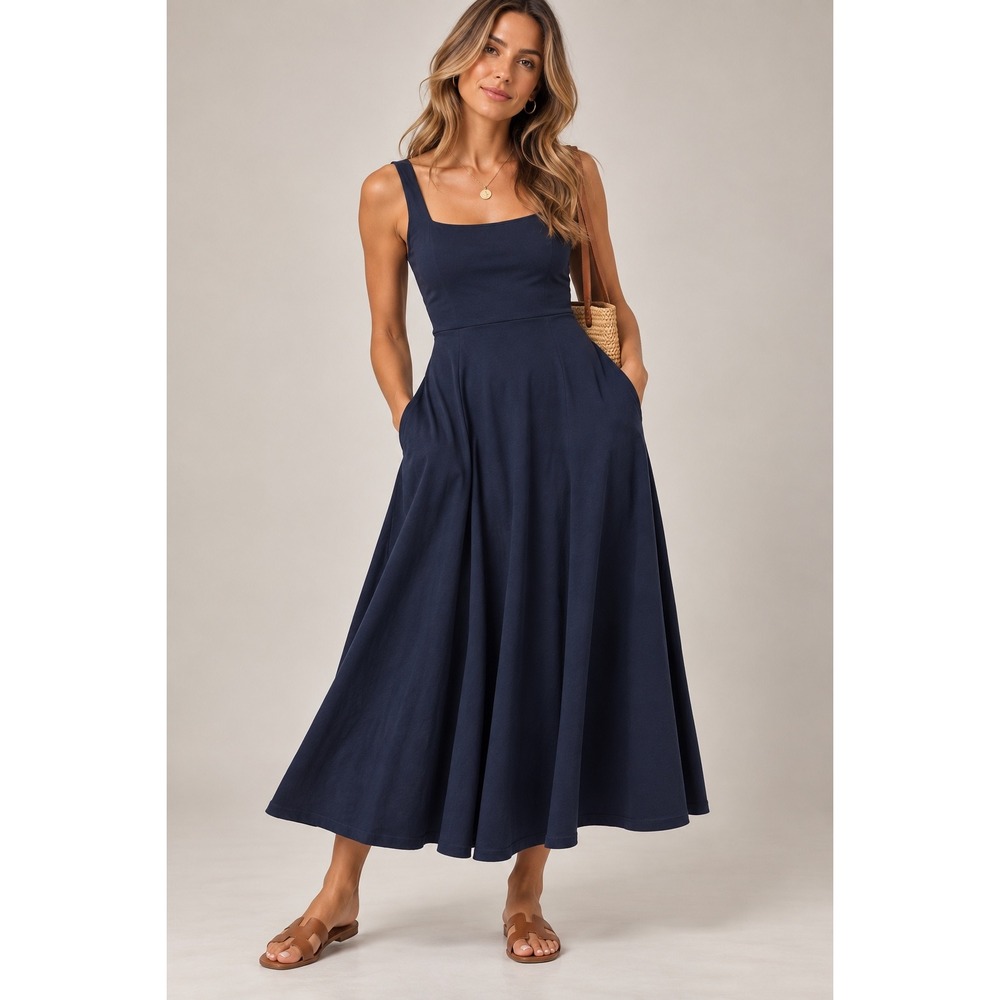 Pact Organic Cotton Fit and Flare Midi Dress Navy Blue Pockets M Minimalist